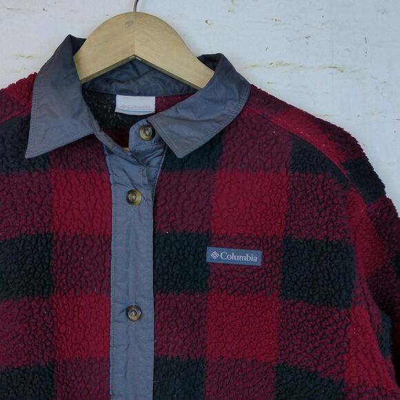 Columbia Shirt Jacket Women M Red Buffalo Plaid Checks South End Sherpa Shacket - Picture 3 of 11